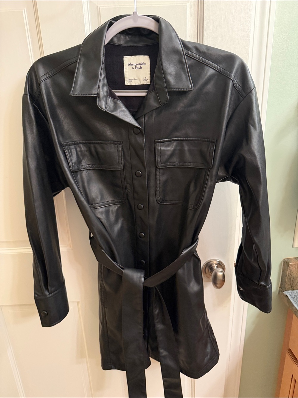Abercrombie & Fitch Women's Black Faux Leather Belted Dress